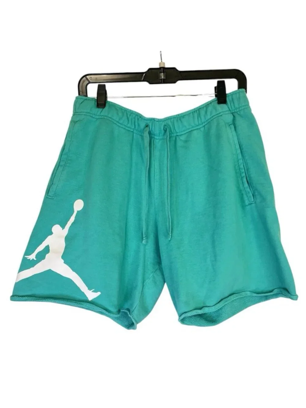 Mens Fleece Shorts Jordan Essentials Sz M Washed Teal Jumpman Logo Raw Hem Terry